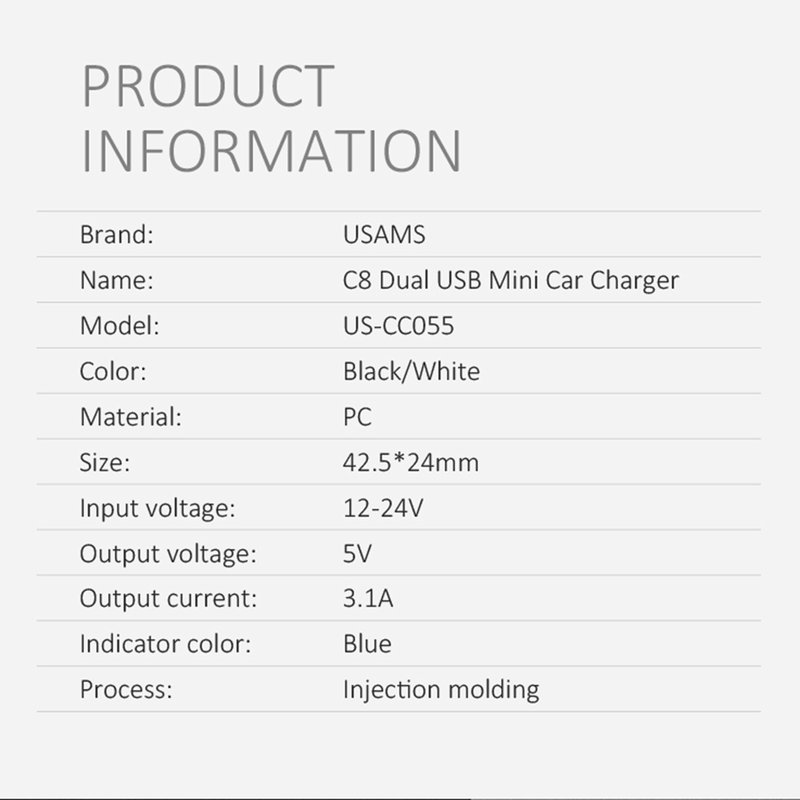 Incarcator Auto USAMS C8 Dual USB Mini 3.1A - US-CC055 - Black