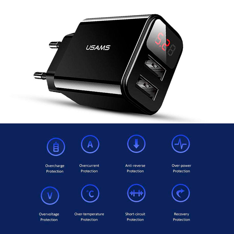 Incarcator Priza USAMS T17 LED Display Travel Charger 2xUSB - US-CC073 - Black