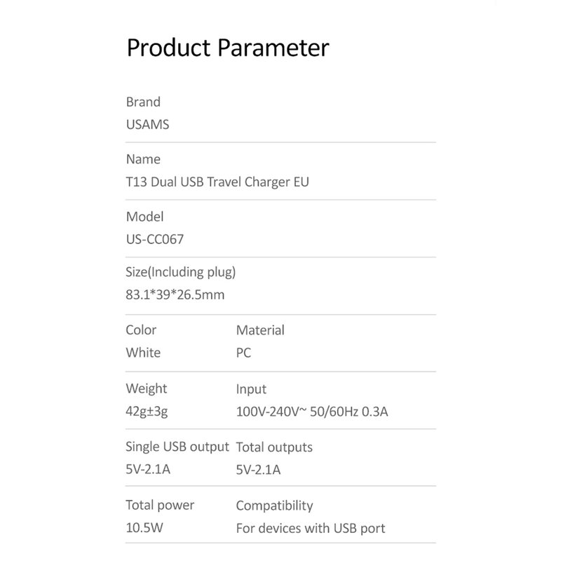 Incarcator Priza USAMS T13 Dual USB Travel Charger - US-CC067 - White