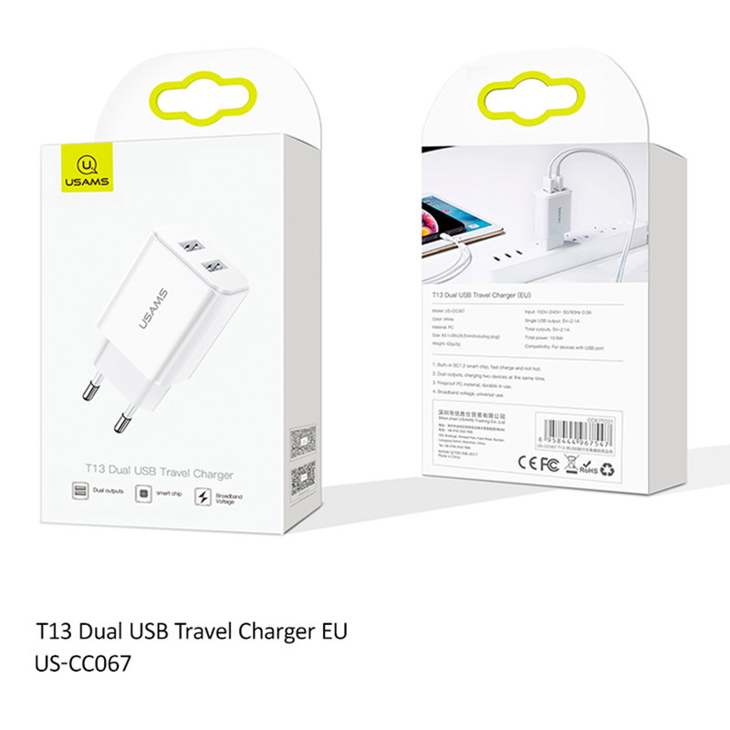Incarcator Priza USAMS T13 Dual USB Travel Charger - US-CC067 - White
