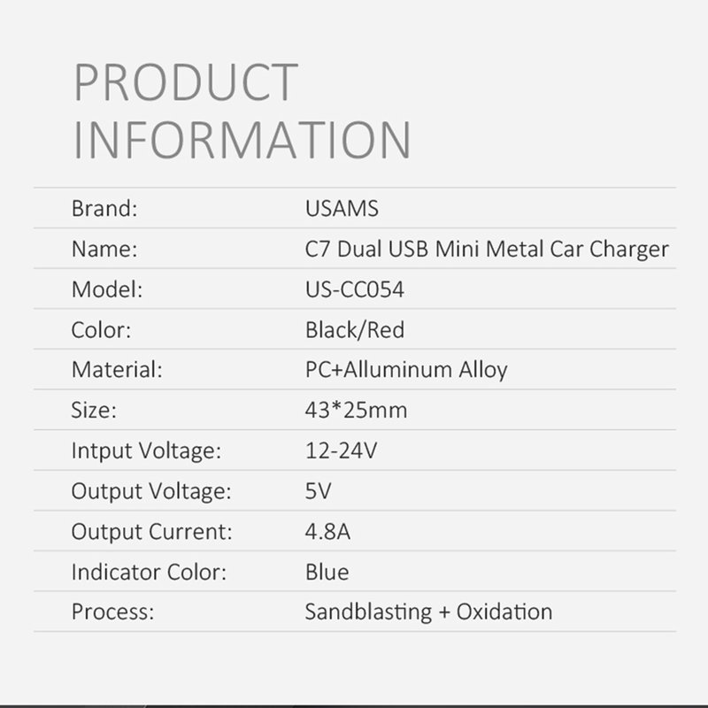 Incarcator Auto USAMS C7 Dual USB Mini Metal 4.8A - US-CC054 - Black