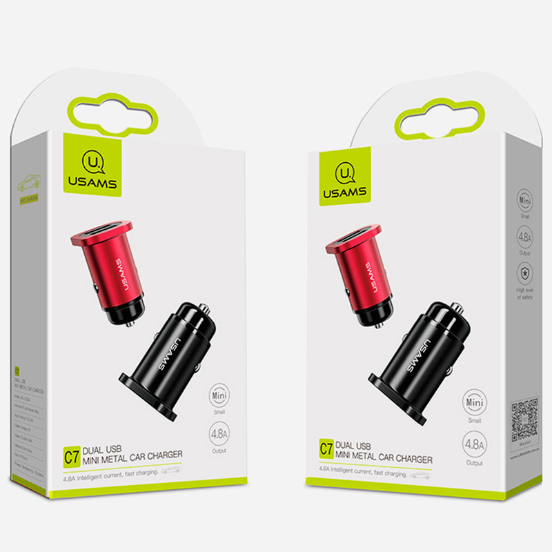 Incarcator Auto USAMS C7 Dual USB Mini Metal 4.8A - US-CC054 - Black