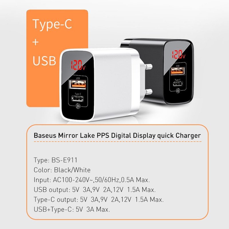 Incarcator Priza Baseus Mirror Lake USB/Type-C Quick Charge 18W Cu Display - CCJMHC-A02 - Alb