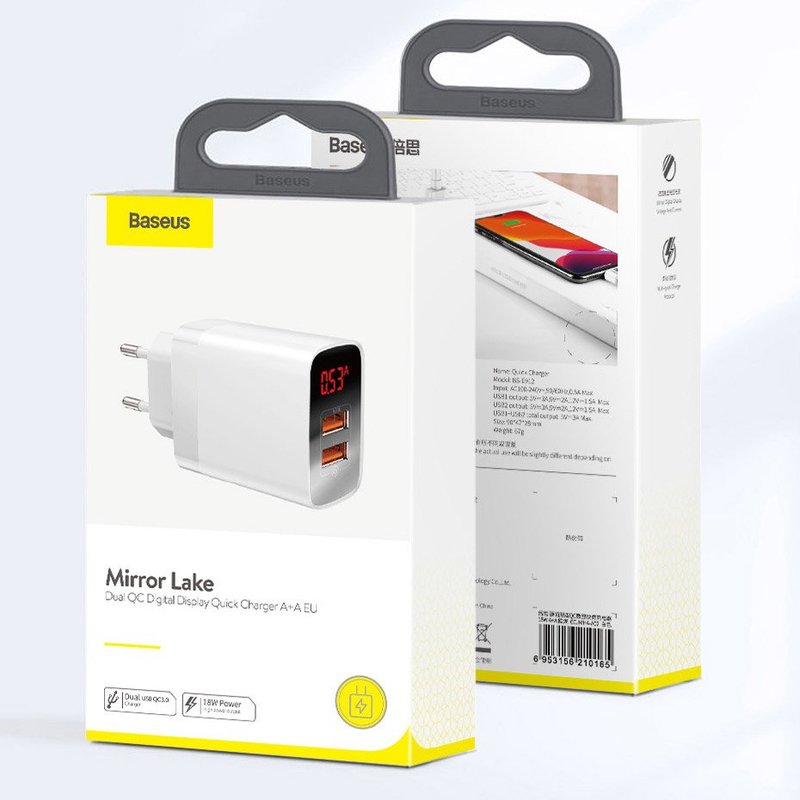 Incarcator Priza Baseus Mirror Lake USB/Type-C Quick Charge 18W Cu Display - CCJMHC-A02 - Alb
