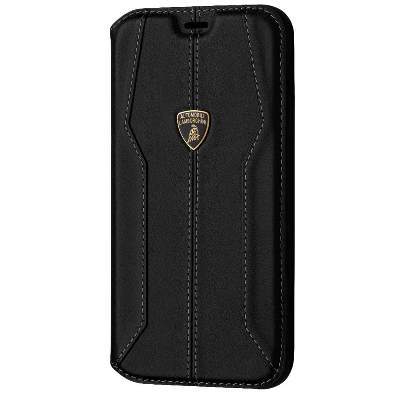 Husa iPhone 11 Lamborghini Huracan D1 Genuine Leather Book - Negru