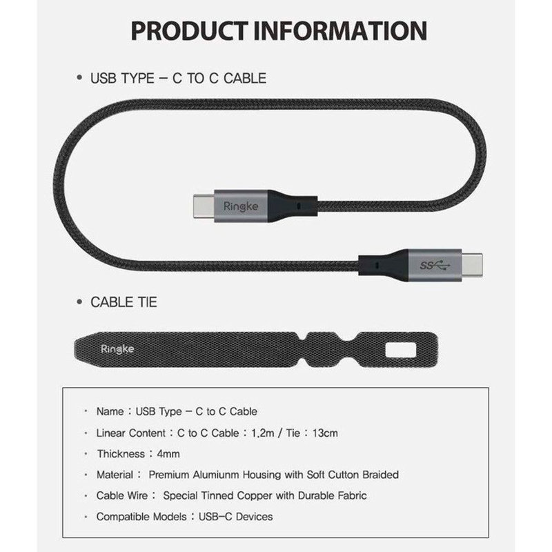 Cablu de date Ringke Premium Fast Charge Type-C To Type-C 1.2M - Negru