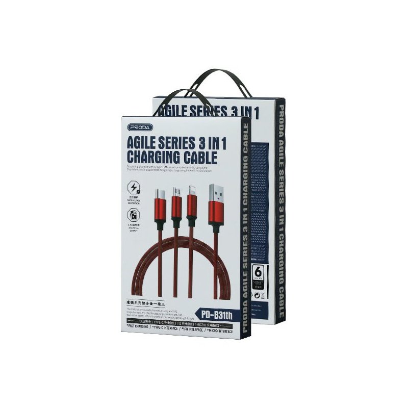 Cablu De Incarcare 3In1 Proda Agile Series Charging Lightning / Micro-USB / Type-C 2.8A 1m - PD-B31th - Negru