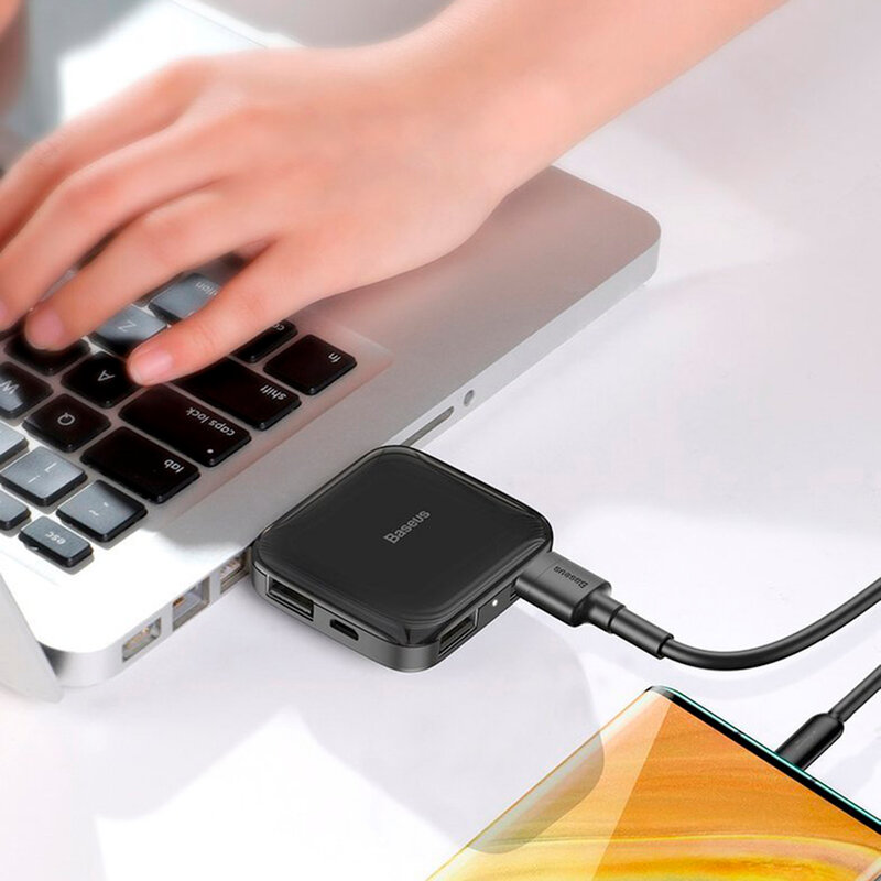 Hub Baseus Fully Folded Portable 4-in-1 Micro-USB/4xUSB With Power Supply - CAHUB-CW01 - Negru