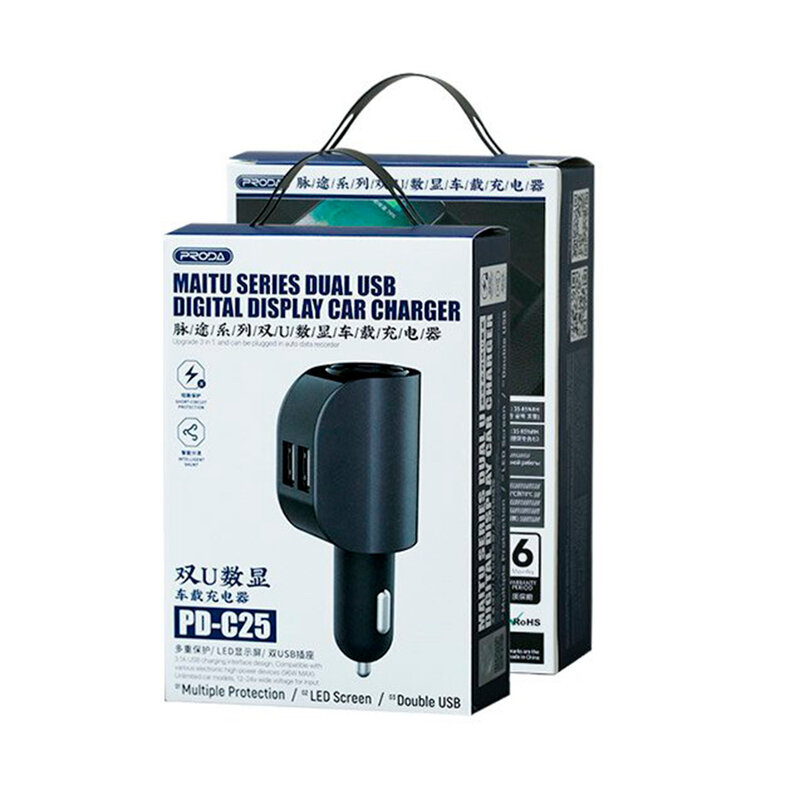 Incarcator Auto Proda Maitu Series Digital Display Dual USB Cigarette Lighter Port 2.4A - PD-C25 - Negru
