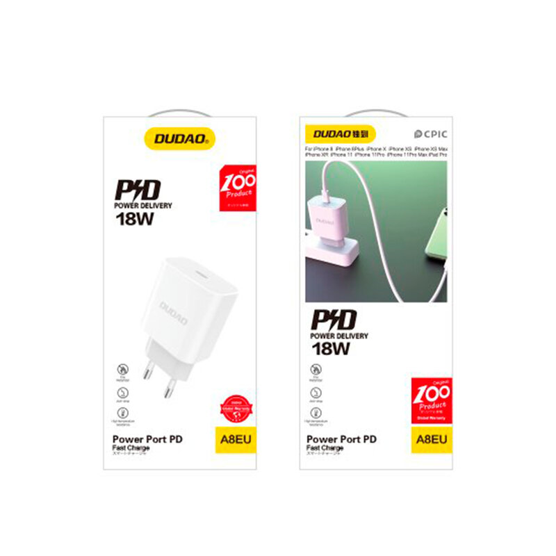 Incarcator Priza Dudao A8EU Type-C Quick Charge + Cablu De Incarcare Dudao Type-C/Lightning - Alb