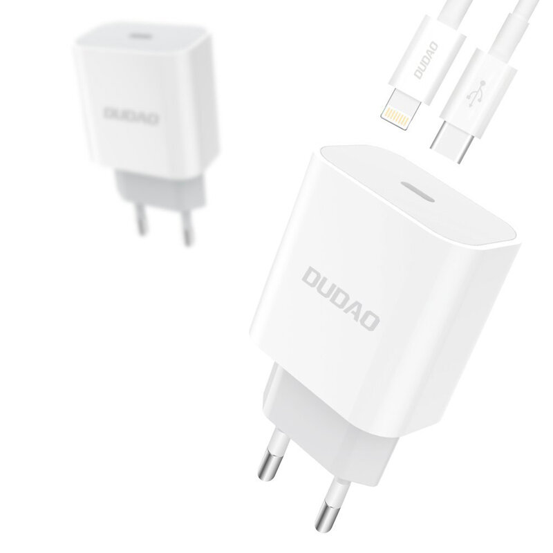 Incarcator Priza Dudao A8EU Type-C Quick Charge + Cablu De Incarcare Dudao Type-C/Lightning - Alb