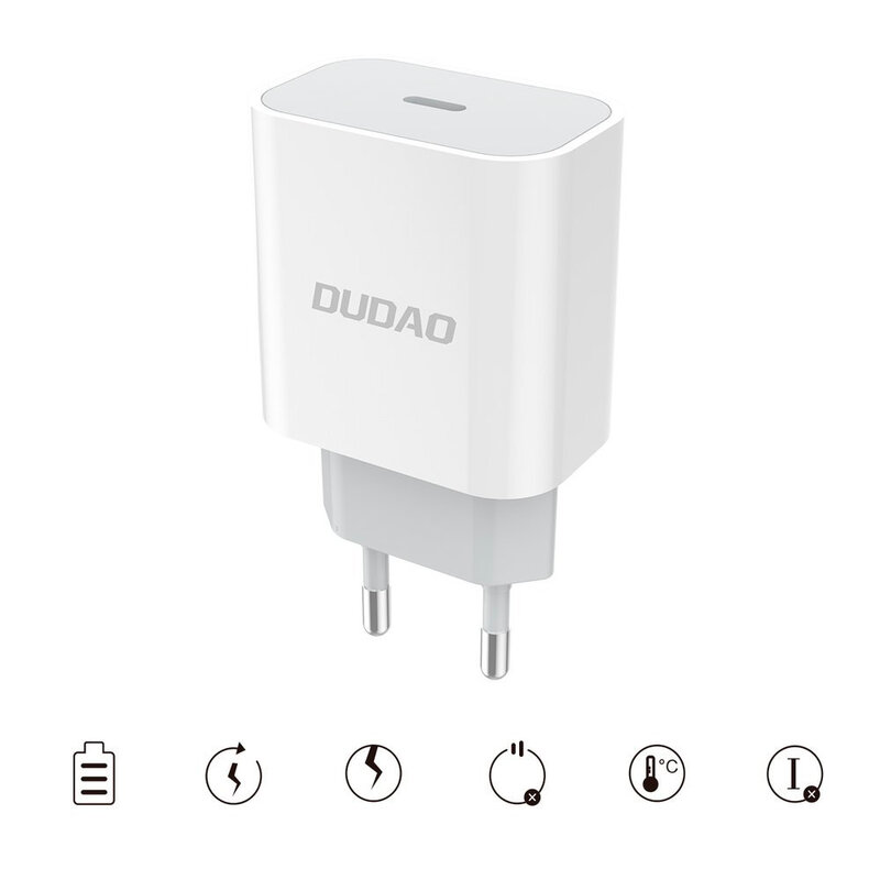 Incarcator Priza Dudao A8EU Type-C Quick Charge + Cablu De Incarcare Dudao Type-C/Lightning - Alb