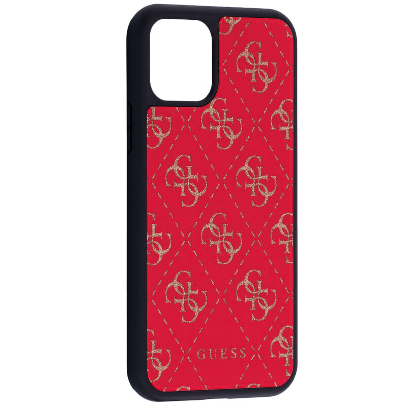 Husa iPhone 11 Guess Tempered Glass Gold Logo - Rosu