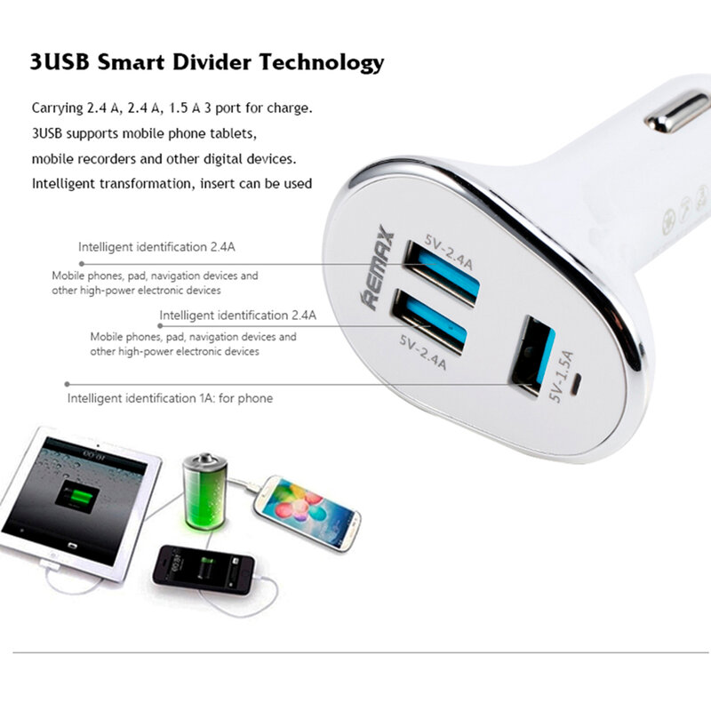 Incarcator Auto REMAX 3U 3xUSB 6.3A - Alb