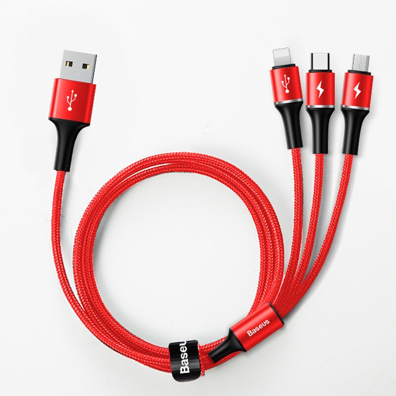 Cablu De Date Baseus Halo 3in1 USB To Micro-USB/Lightning/Type-C 3.5A 1,2m - CAMLT-HA09 - Rosu