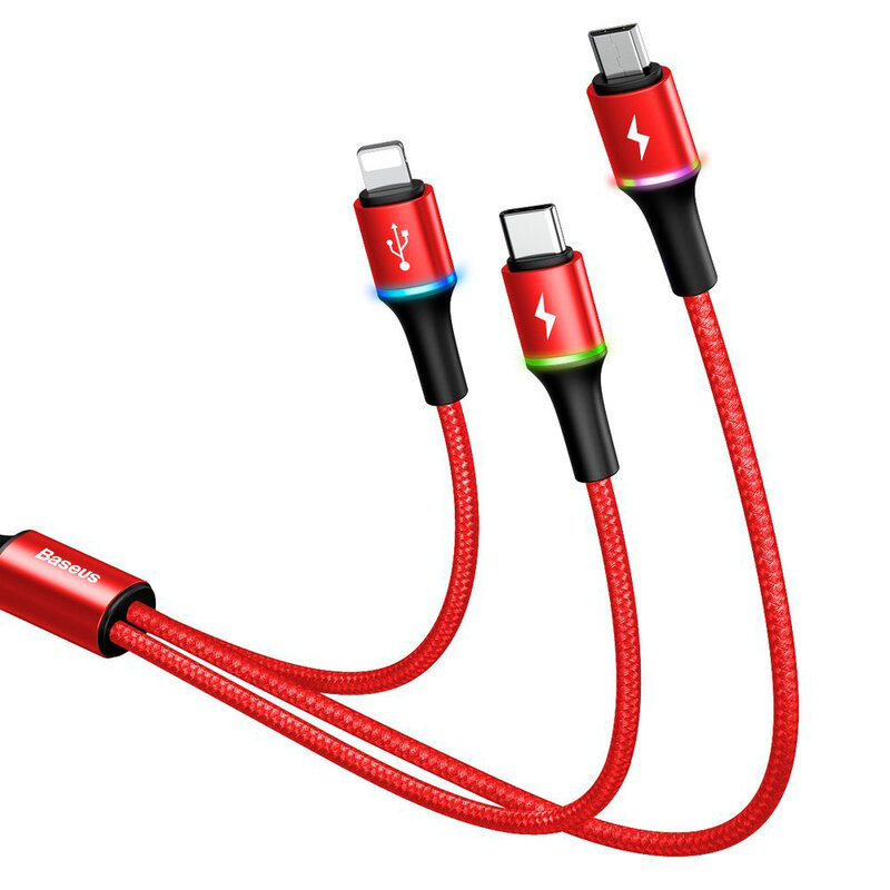 Cablu De Date Baseus Halo 3in1 USB To Micro-USB/Lightning/Type-C 3.5A 1,2m - CAMLT-HA09 - Rosu