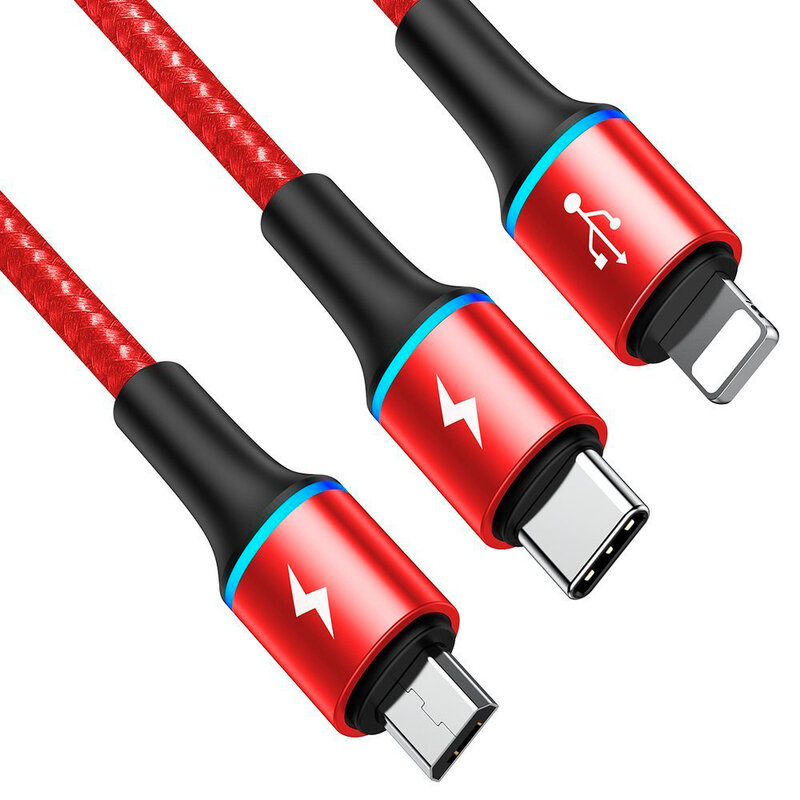 Cablu De Date Baseus Halo 3in1 USB To Micro-USB/Lightning/Type-C 3.5A 1,2m - CAMLT-HA09 - Rosu