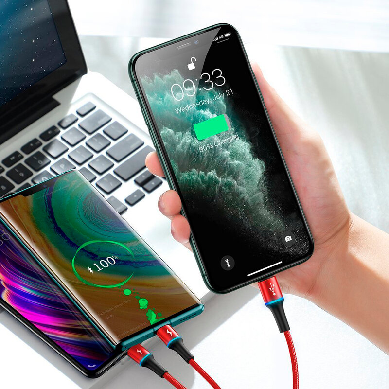 Cablu De Date Baseus Halo 3in1 USB To Micro-USB/Lightning/Type-C 3.5A 1,2m - CAMLT-HA09 - Rosu