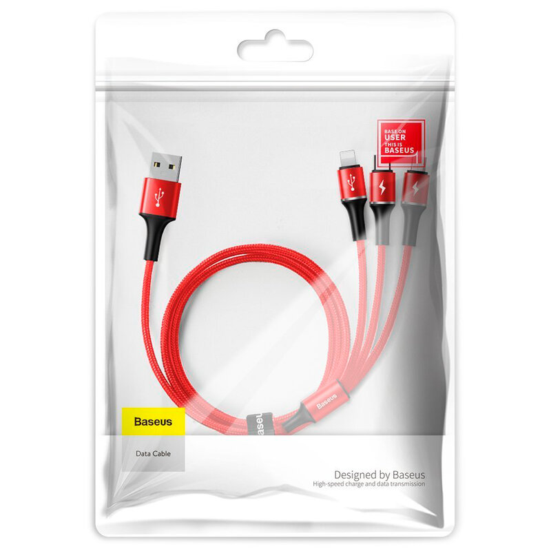 Cablu De Date Baseus Halo 3in1 USB To Micro-USB/Lightning/Type-C 3.5A 1,2m - CAMLT-HA09 - Rosu