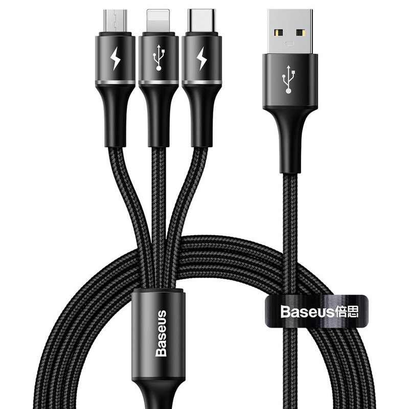 Cablu De Date Baseus Halo 3in1 USB To Micro-USB/Lightning/Type-C 3.5A 1,2m - CAMLT-HA01 - Negru