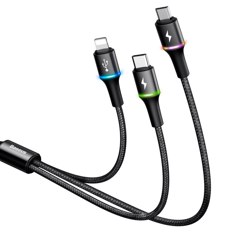 Cablu De Date Baseus Halo 3in1 USB To Micro-USB/Lightning/Type-C 3.5A 1,2m - CAMLT-HA01 - Negru