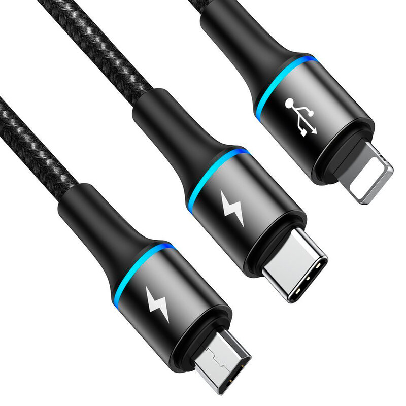 Cablu De Date Baseus Halo 3in1 USB To Micro-USB/Lightning/Type-C 3.5A 1,2m - CAMLT-HA01 - Negru