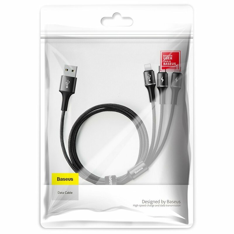 Cablu De Date Baseus Halo 3in1 USB To Micro-USB/Lightning/Type-C 3.5A 1,2m - CAMLT-HA01 - Negru