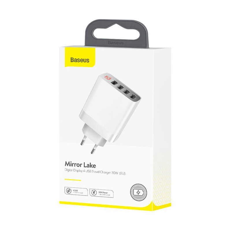 Incarcator Priza Baseus Mirror Lake Digital Display 4xUSB Travel Charger 30W 6A - CCJMHB-B02 - Alb