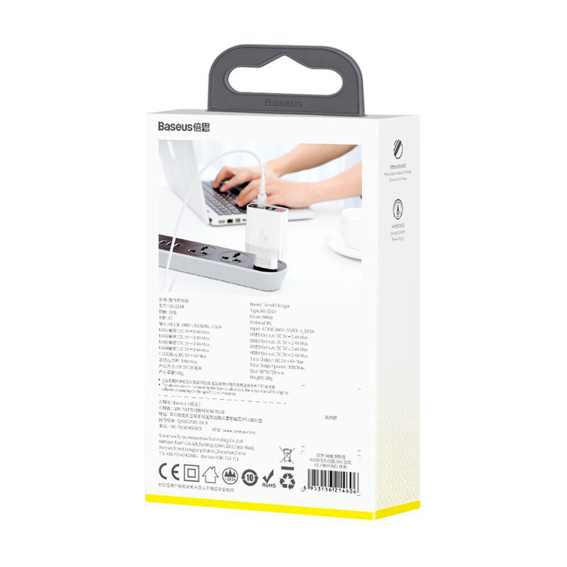 Incarcator Priza Baseus Mirror Lake Digital Display 4xUSB Travel Charger 30W 6A - CCJMHB-B02 - Alb