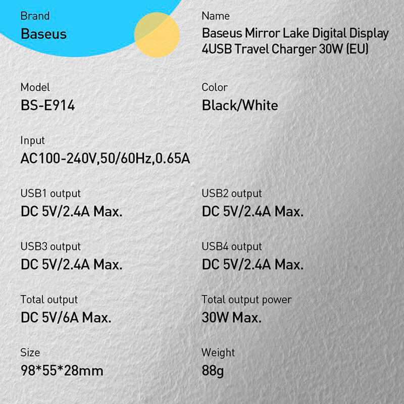 Incarcator Priza Baseus Mirror Lake Digital Display 4xUSB Travel Charger 30W 6A - CCJMHB-B02 - Alb