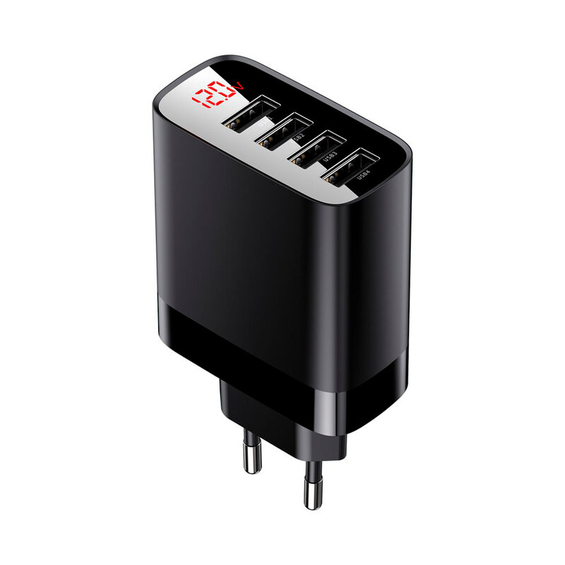 Incarcator Priza Baseus Mirror Lake Digital Display 4xUSB Travel Charger 30W 6A - CCJMHB-B01 - Negru
