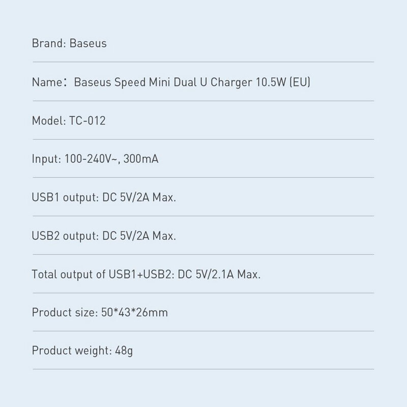 Incarcator Priza Baseus Speed Mini Dual U 2xUSB 2.1A 10.5W - CCFS-R02 - Alb