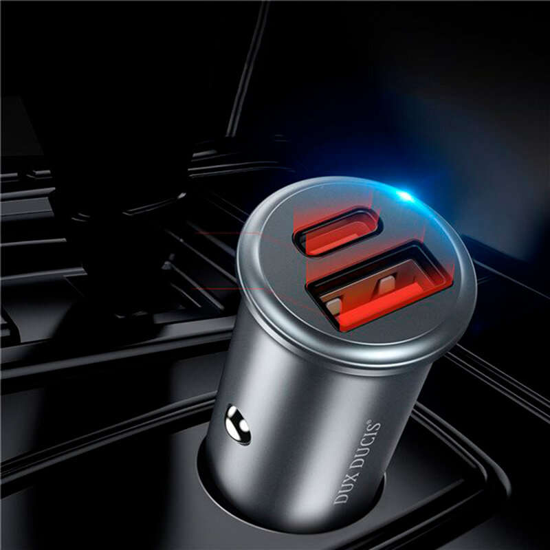 Incarcator Auto Dux Ducis B50 USB/Type-C + Cablu De Incarcare Type-C/Lightning 30W 5A - Argintiu