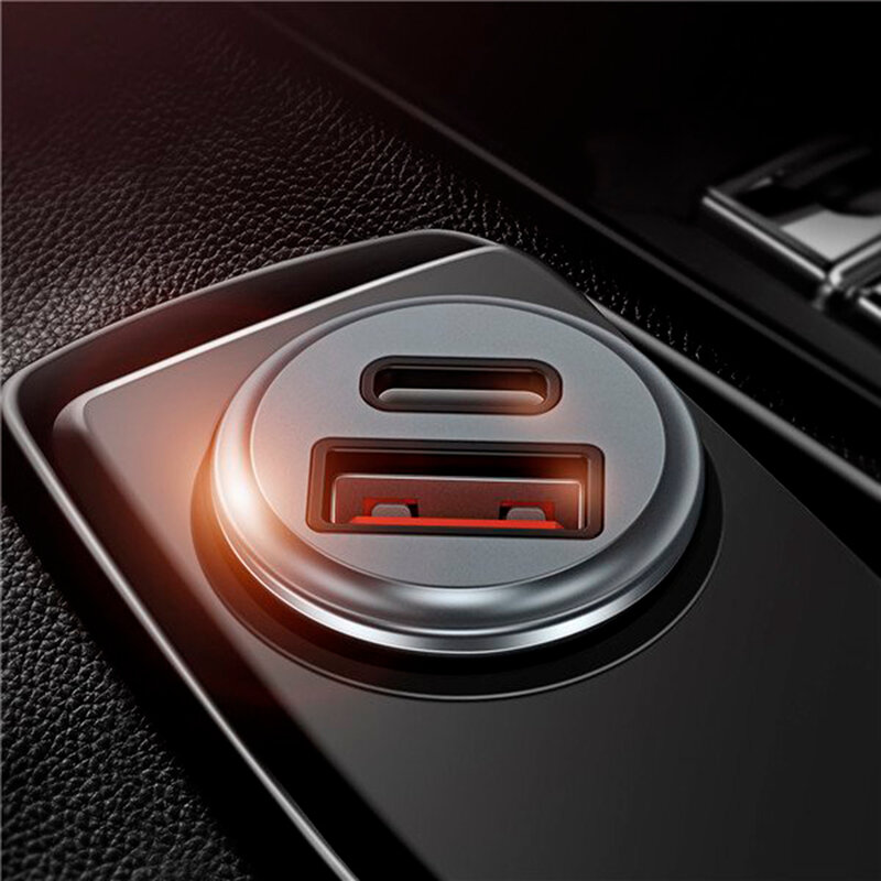 Incarcator Auto Dux Ducis B50 USB/Type-C + Cablu De Incarcare Type-C/Lightning 30W 5A - Argintiu