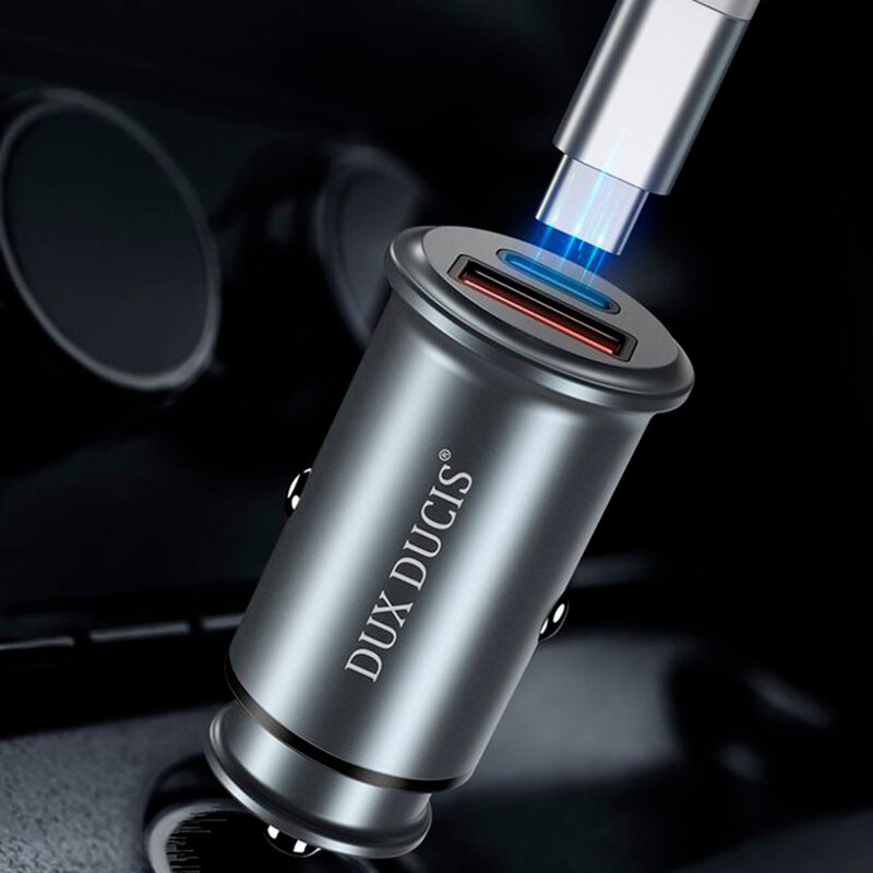 Incarcator Auto Dux Ducis B50 USB/Type-C + Cablu De Incarcare Type-C/Lightning 30W 5A - Argintiu