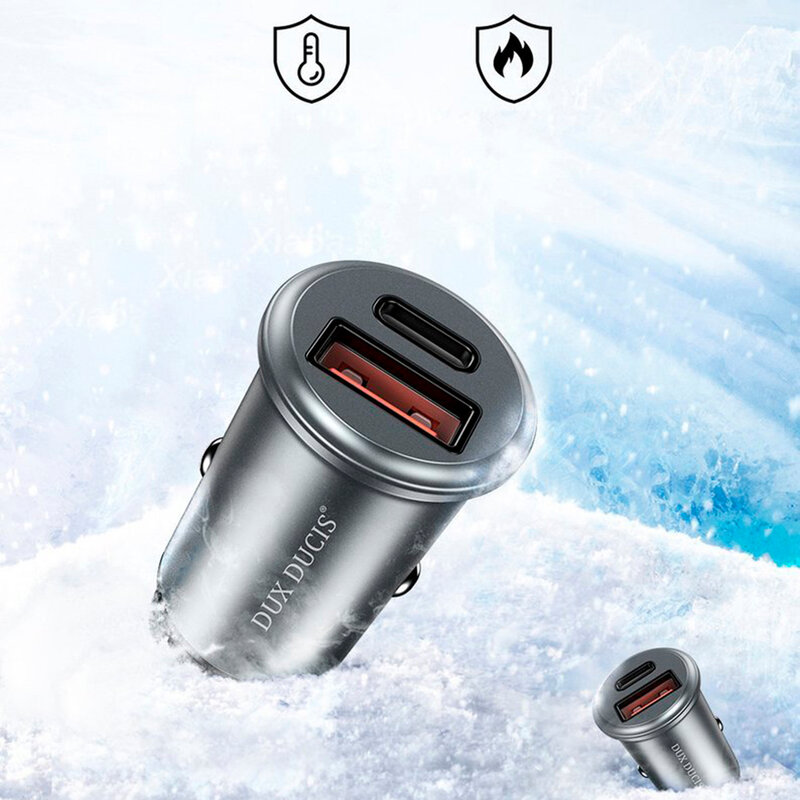 Incarcator Auto Dux Ducis B50 USB/Type-C + Cablu De Incarcare Type-C/Lightning 30W 5A - Argintiu