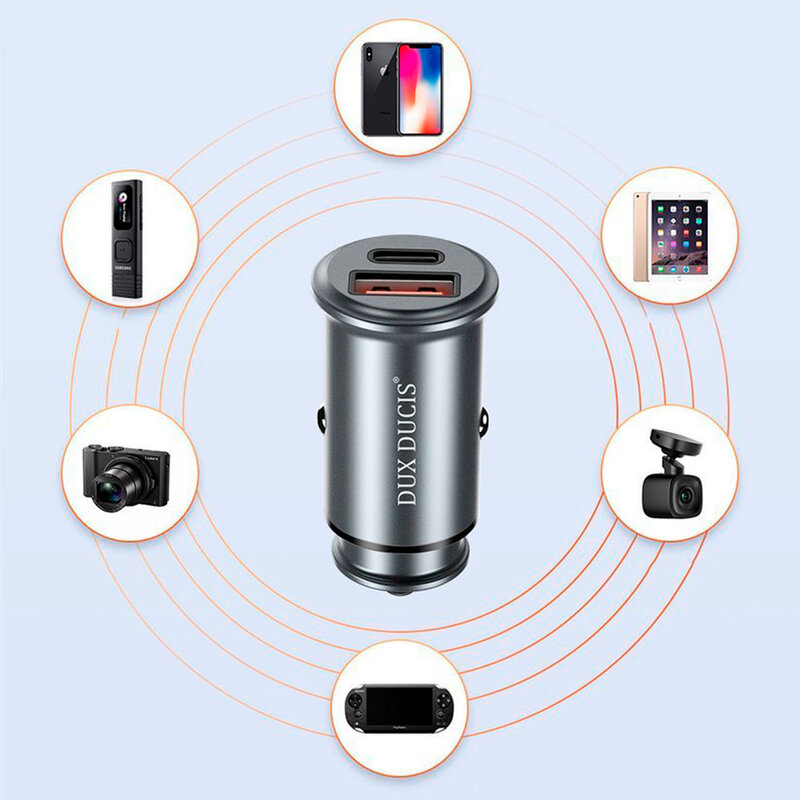 Incarcator Auto Dux Ducis B50 USB/Type-C + Cablu De Incarcare Type-C/Lightning 30W 5A - Argintiu
