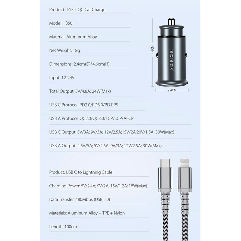 Incarcator Auto Dux Ducis B50 USB/Type-C + Cablu De Incarcare Type-C/Lightning 30W 5A - Argintiu