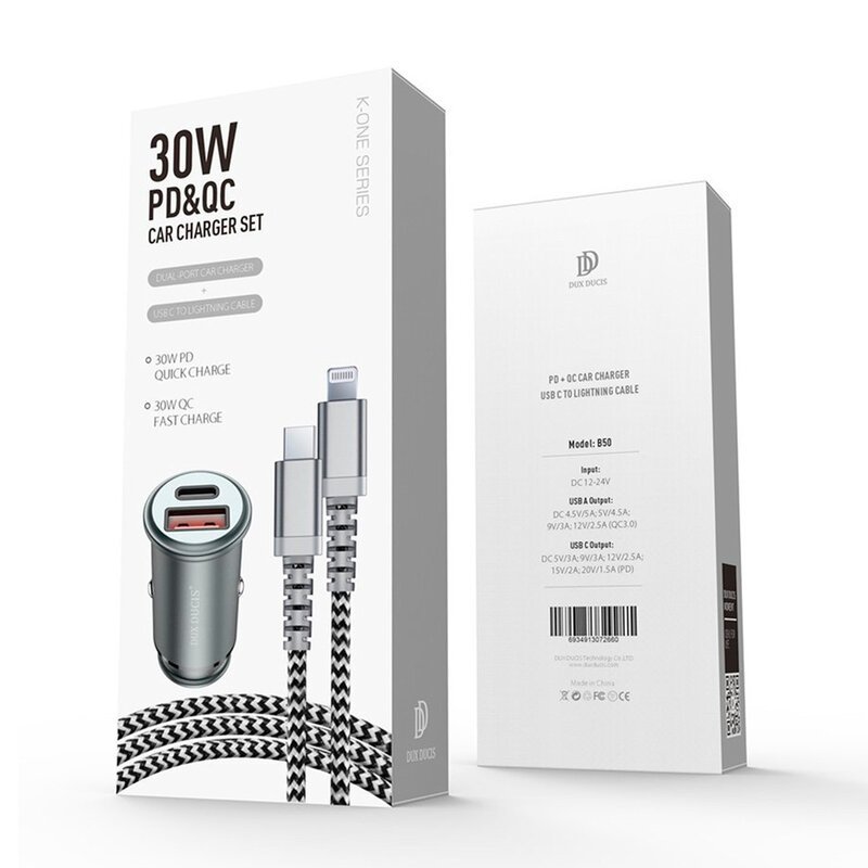 Incarcator Auto Dux Ducis B50 USB/Type-C + Cablu De Incarcare Type-C/Lightning 30W 5A - Argintiu