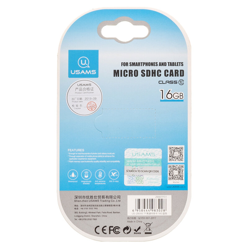 Card De Memorie USAMS Micro SDHC 16GB Clasa 10 Pentru Telefoane Si Tablete - Negru/Albastru 