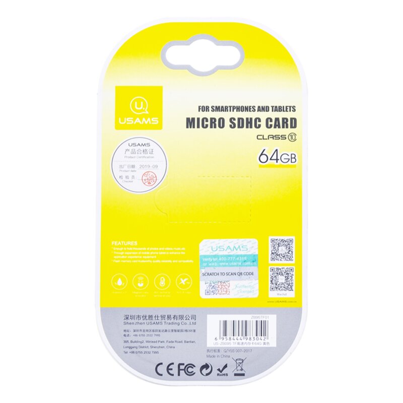 Card De Memorie USAMS Micro SDHC 64GB Clasa 10 Pentru Telefoane Si Tablete - Gri/Galben