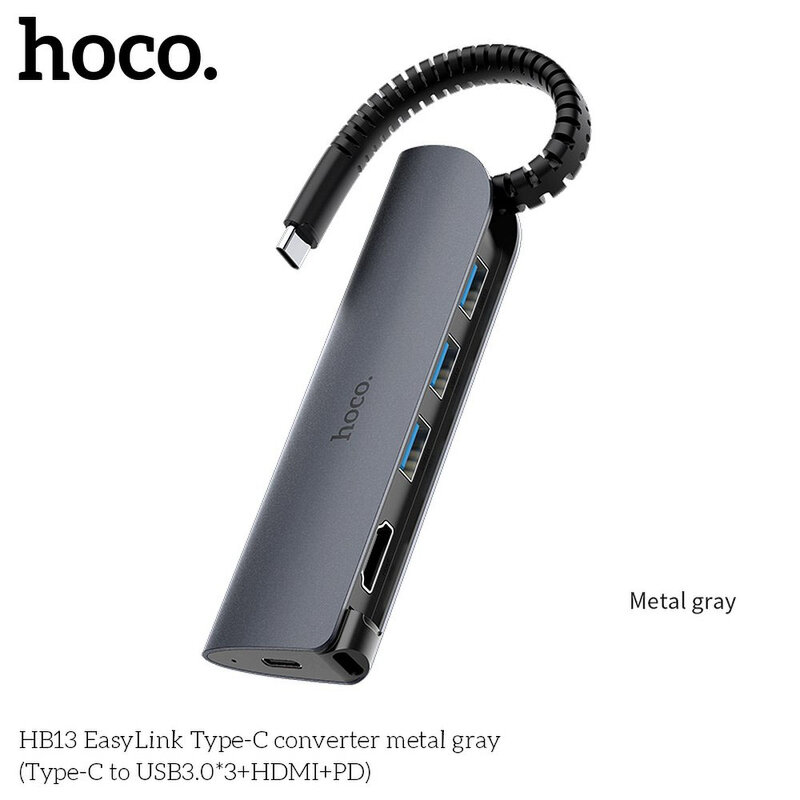 Hub Hoco HB13 Converter 5in1 EasyLink Type-C to 3 x USB 3.0 + HDMI + Type-C PD - Gri