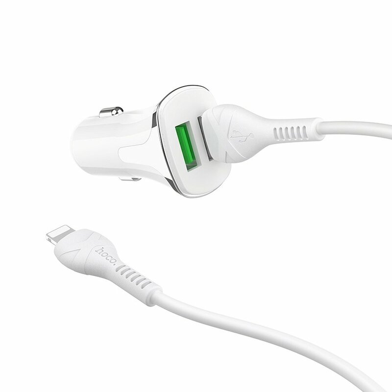 Incarcator Auto Hoco Z31 Universal Dual USB QC3.0 Cu Cablu De Incarcare USB/Lightning 18W 3.4A - Alb