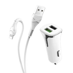 Incarcator Auto Hoco Z31 Universal Dual USB QC3.0 Cu Cablu De Incarcare USB/Lightning 18W 3.4A - Alb