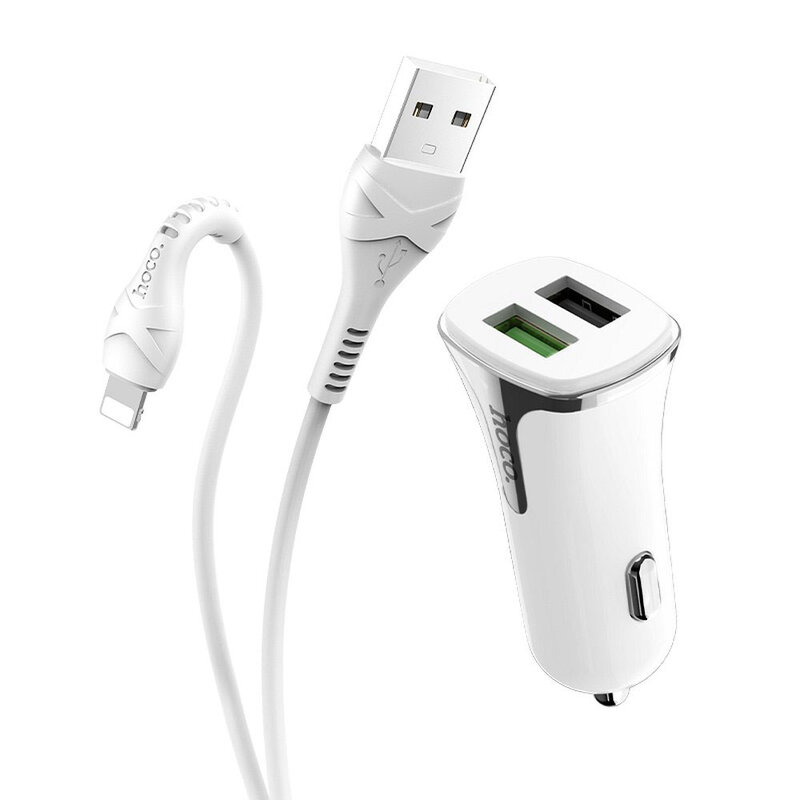 Incarcator Auto Hoco Z31 Universal Dual USB QC3.0 Cu Cablu De Incarcare USB/Lightning 18W 3.4A - Alb