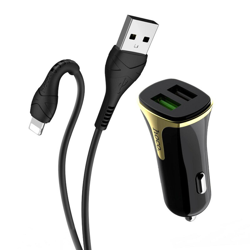 Incarcator Auto Hoco Z31 Universal Dual USB QC3.0 Cu Cablu De Incarcare USB/Lightning 18W 3.4A - Negru