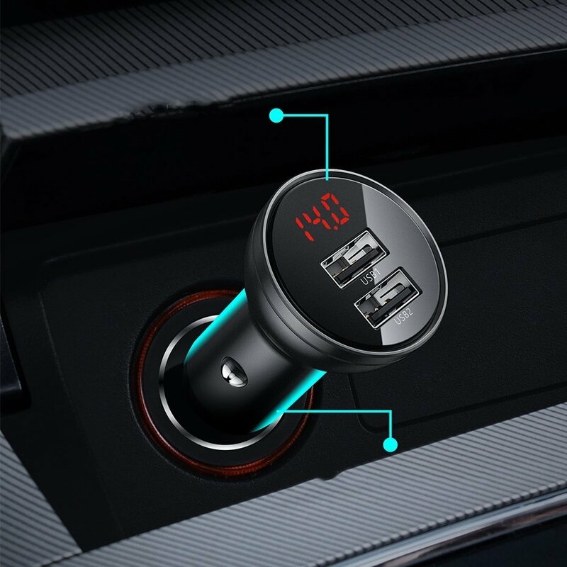 Incarcator auto Baseus Display 2xUSB + cablu 3in1 Type-C/Micro-USB/Lightning - TZCCBX-0G, negru