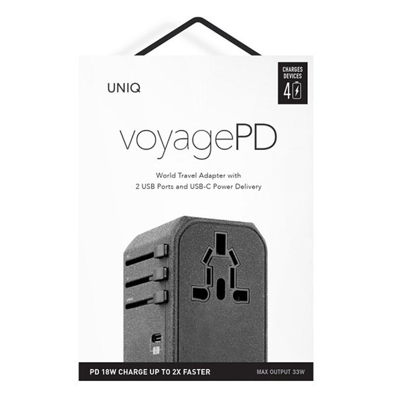 Incarcator Priza Uniq VoyagePD 18W 2xUSB/Type-C World Travel Universal Adapter EU/UK/USA/AUS - Gri