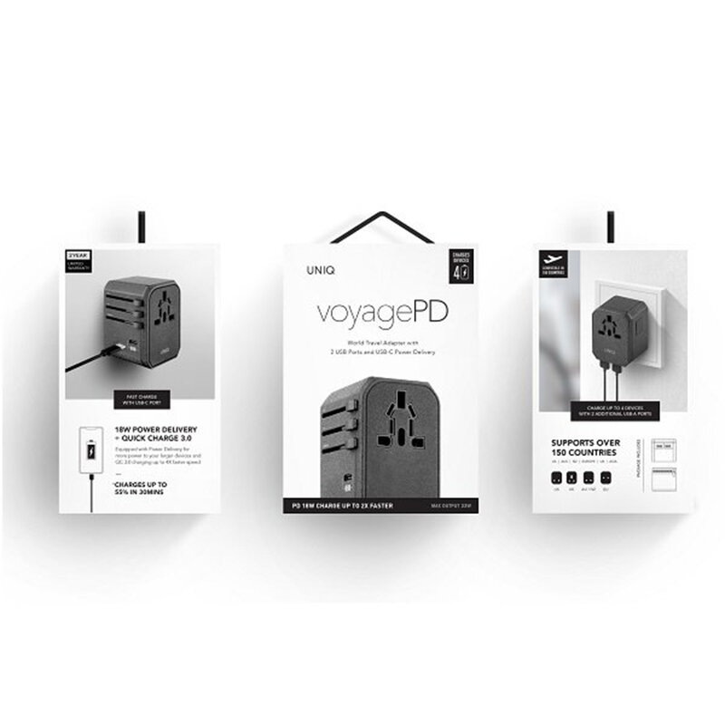 Incarcator Priza Uniq VoyagePD 18W 2xUSB/Type-C World Travel Universal Adapter EU/UK/USA/AUS - Gri