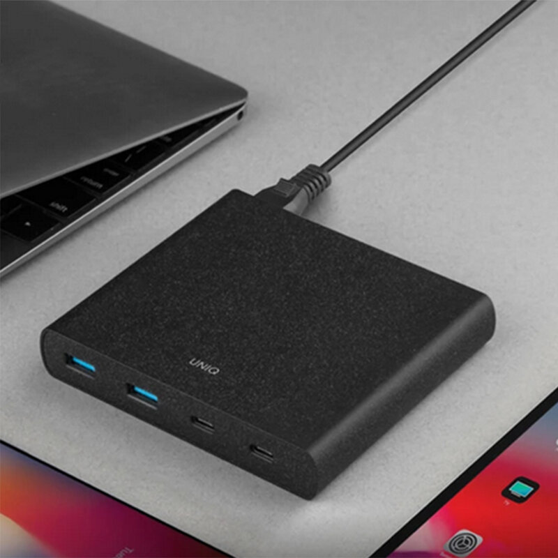 Statie Incarcare Priza Uniq Surge 2x USB + 2x Type-C Cu Cablu De Incarcare - Negru